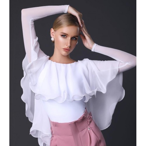 White black tulle ruffles ballroom latin dance tops jumpsuits competition tango waltz tango flamenco rhythm smooth dance stage performance catsuits leotard tops
